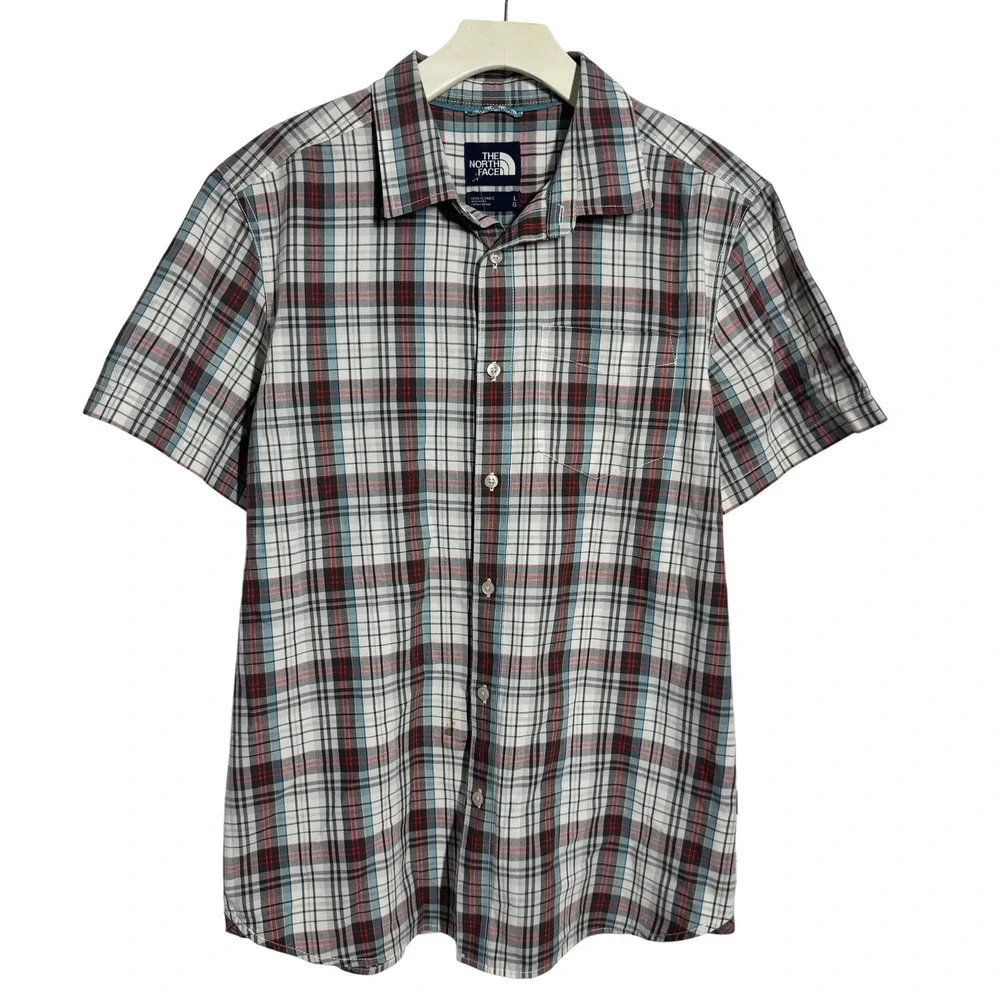The North Face Mens Plaid Short Sleeve Button Down Shirt Blue Red White Plaid L
